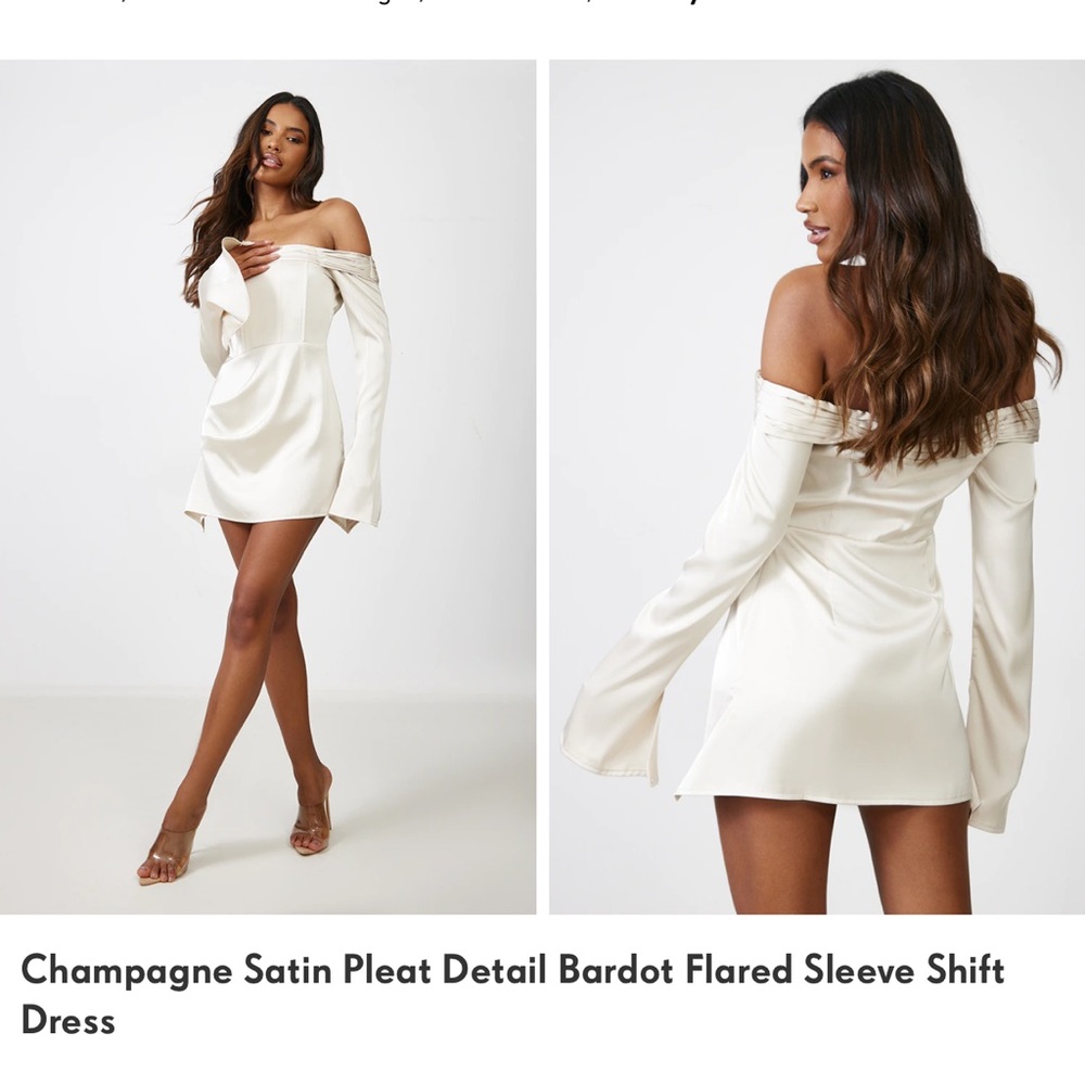 PLT Champagne Satin Pleat Detail Bardot Flared Sleeve Shift Dress